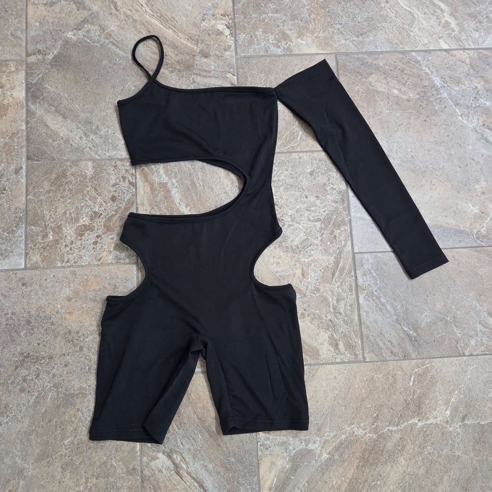 Black One Shoulder Cutout Romper Jumpsuit Asymmetric Long Sleeve Festival S - Picture 5 of 6